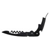 A premium wine waiters knife in black, featuring a corkscrew and a foil cutter. It has a sleek design and a logo.