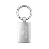 A silver frame keytag with a round keyring and a smooth rectangular surface. Features a logo on the front.