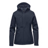 A women's navy softshell jacket with a hood, featuring zippered pockets and a logo.