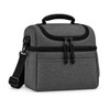 A grey cooler bag with a zippered top, carrying handle, and adjustable strap. It has a simple design and a logo.