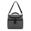 A grey cooler bag with a top handle and adjustable shoulder strap, featuring dual zippered compartments.