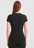 A black women's baby tee viewed from the back, featuring a fitted design and short sleeves.