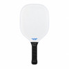 A white pickleball paddle with a black handle, featuring a logo near the bottom of the paddle.
