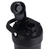 A drink bottle in matte black with a secure lid and carrying handle, featuring a logo on the side.