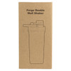 A drink bottle in a plain cardboard box, featuring a lid and a logo, designed for shaking beverages.