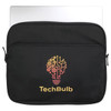 A black laptop sleeve features a light bulb design with gears and a logo, suitable for a laptop or device.