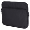 A black laptop sleeve with a zippered main compartment and an additional front pocket. Features a logo.