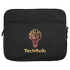 A black laptop sleeve featuring a graphic of a lightbulb with gears and a logo.