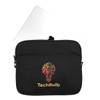 A black laptop sleeve with a logo featuring a light bulb design and a white laptop inside.