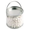 A medium clear PVC bucket filled with white chewy mints, featuring a silver lid and handle.