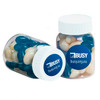 A baby jar filled with blue and white mini jelly beans, featuring a label with a logo.