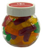 A plastic jar filled with colourful jelly babies in various shapes and shades, topped with a white lid.