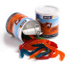 A round tin can with a pull tab, featuring colourful gummy snakes in red, blue, green, and orange.