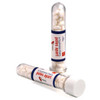 Test tubes filled with white mints, featuring a clear container and a white cap. One tube is upright, the other is lying down.
