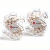Acrylic dollar-shaped container filled with white mints, featuring a logo on the front.