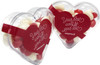 Acrylic heart-shaped container filled with red and white mini jelly beans. It features a logo on the packaging.