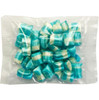 A clear bag filled with blue and white striped humbugs, each piece showcasing a vibrant swirl of colours.