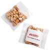 A clear plastic pouch containing salted peanuts, with a logo on the packaging. The peanuts are light brown and beige.