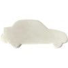 A white mint card shaped like a car, featuring a simple silhouette design. It has a branding logo on one side.