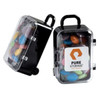 A carry-on case with a handle, featuring colourful choc beans inside and a logo on the front.