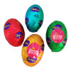 Colourful hollow Easter eggs in red, green, blue, and gold foil wrappers, featuring logos on the packaging.