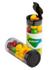 A Flip Lid Tube filled with colourful Skittles in various shades of red, yellow, green, and purple, featuring a logo.