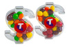 Acrylic dollar shape containing mixed Skittles in vibrant colours, with a logo on the side.
