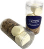 A clear tube containing chocolate shavings and large, white marshmallows, featuring a logo on the side.