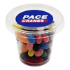 A clear tub filled with colourful mini jelly beans in various shades. The tub has a logo on the lid.