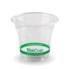 A clear plastic cup with a green band, labelled BioCup, made from plant-based materials.