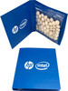 A blue gift card holder featuring a clear bag of white chewy mint balls inside, with logos on the cover.