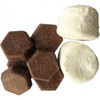 Assorted hexagonal chocolate pieces and white marshmallows, featuring a logo on the chocolate.