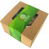 A small kraft gift box with a green and patterned band, featuring a transparent window to view contents.