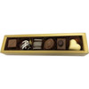 A gold box containing assorted praline chocolates in various shapes and colours, including milk and white chocolate.