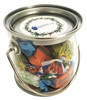 A small clear PVC bucket filled with assorted mixed lollies, featuring a metal handle and a circular label on top.