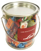 A clear PVC bucket filled with colourful Allen's lollies, featuring a metal handle and a red branding label.
