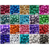 A variety of chocolate hearts in assorted colours, including burgundy, green, gold, and blue, arranged in a grid.