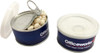 A small pull can containing white mints, featuring a blue design with a logo. Two cans are shown, one open.