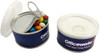 Small pull can containing colourful chewy fruit candies. The can features a logo and has a silver pull-tab lid.