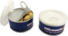 A small blue pull can containing peanuts, featuring a metal tab and a plastic lid.