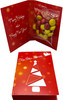 A red promotional gift card featuring a festive message and a bag of colourful choc beans in yellow and red.