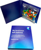 A blue promotional card with a bag of multi-coloured chewy fruit candies inside. The card features a logo.