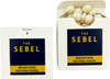 A cardboard box with a flip lid containing white mints, featuring blue and yellow branding.