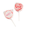 Medium pink and white candy lollipops wrapped in clear plastic with a round label, featuring a logo.