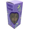 A purple box with Easter-themed designs contains a chocolate Easter bunny inside a clear window.