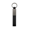 A black keytag featuring a flat rectangular metal section and a circular attachment ring.