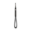 A black keytag with a loop design, featuring a metallic attachment at the top. It has a logo on the surface.