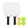 A pickleball set featuring two paddles with black grips and four balls in yellow and green.