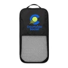 A black pickleball paddle bag with a mesh front and a colourful logo featuring a pickleball graphic.