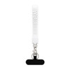 A white wrist strap with tactile design and a metal keyring attachment, featuring a black base section.